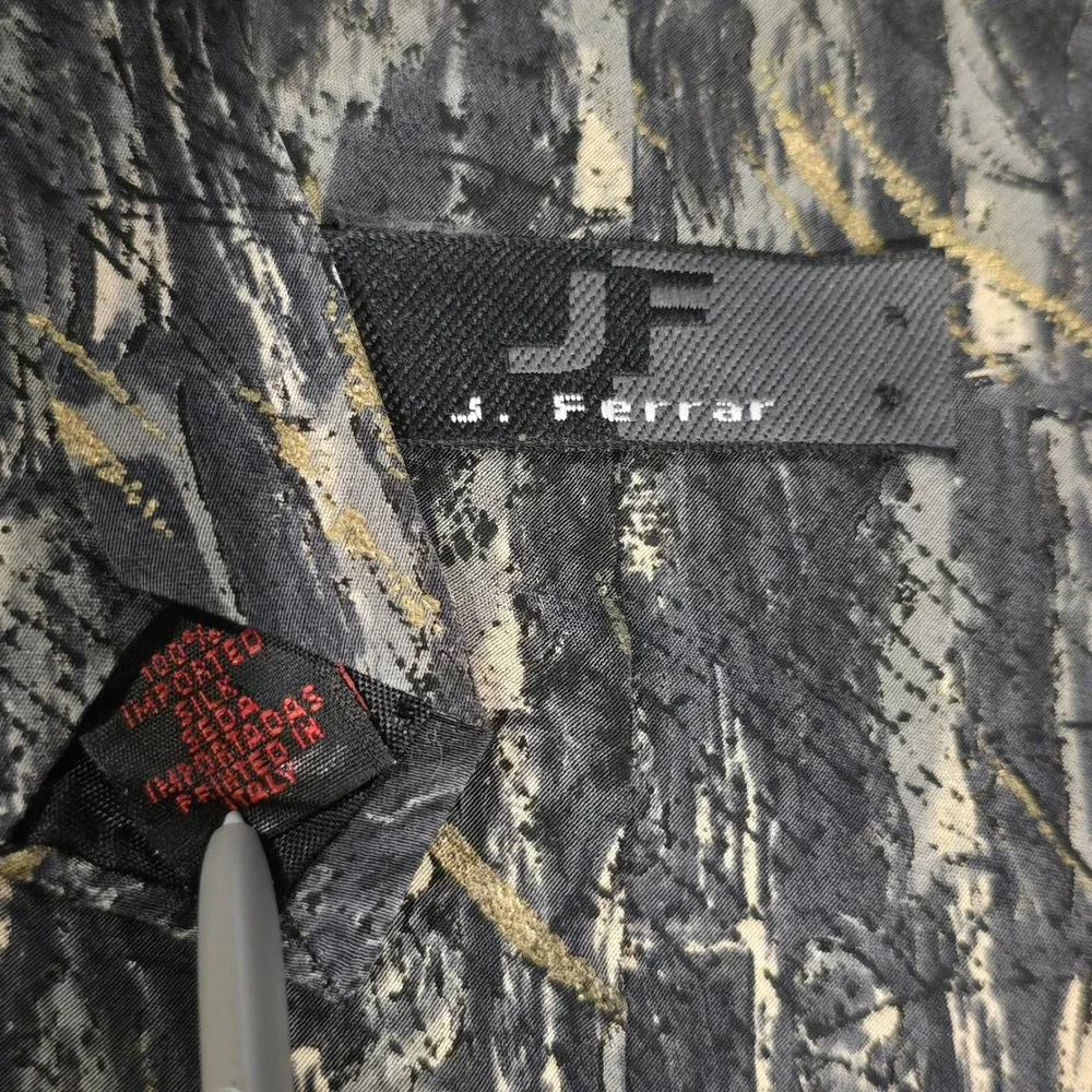 J‎ Ferrar Mens Silk Tie Grey Gold Abstract Brushstroke Italian Printed Necktie